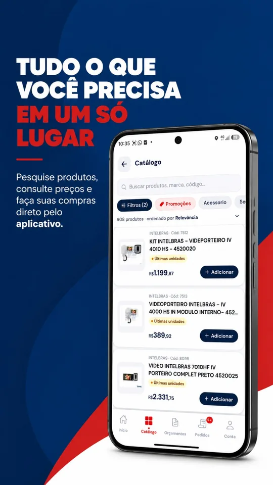 Catálogo do aplicativo com busca por nome, marca ou código, filtros, promoções e produtos com preço e botão Adicionar.