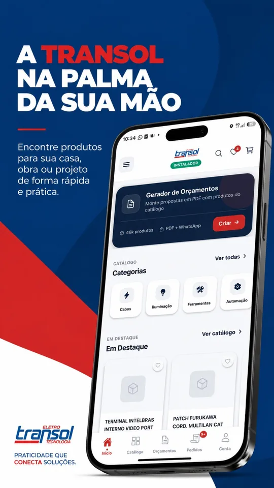 Tela inicial do aplicativo com o atalho do Gerador de Orçamentos, as categorias de produtos e os itens em destaque.