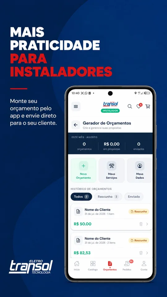 Gerador de Orçamentos com resumo do mês, atalhos para novo orçamento e histórico de orçamentos por cliente.